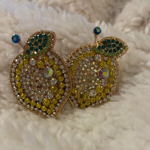 Sparkling Lemon Earrings with Green Leaf Accents